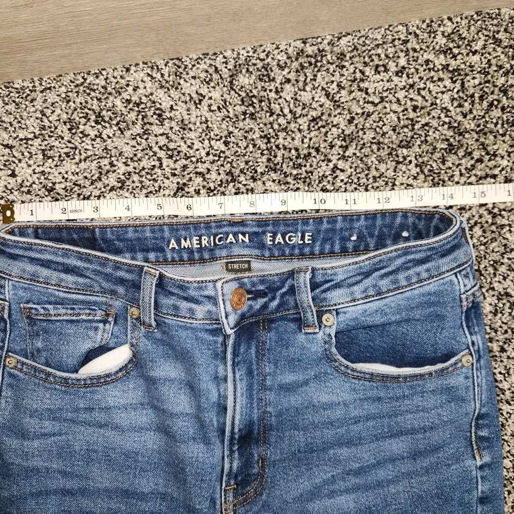 American Eagle Mom Jeans Hi Rise Destruction Darkwash Stretch Women's 6 Reg,90's